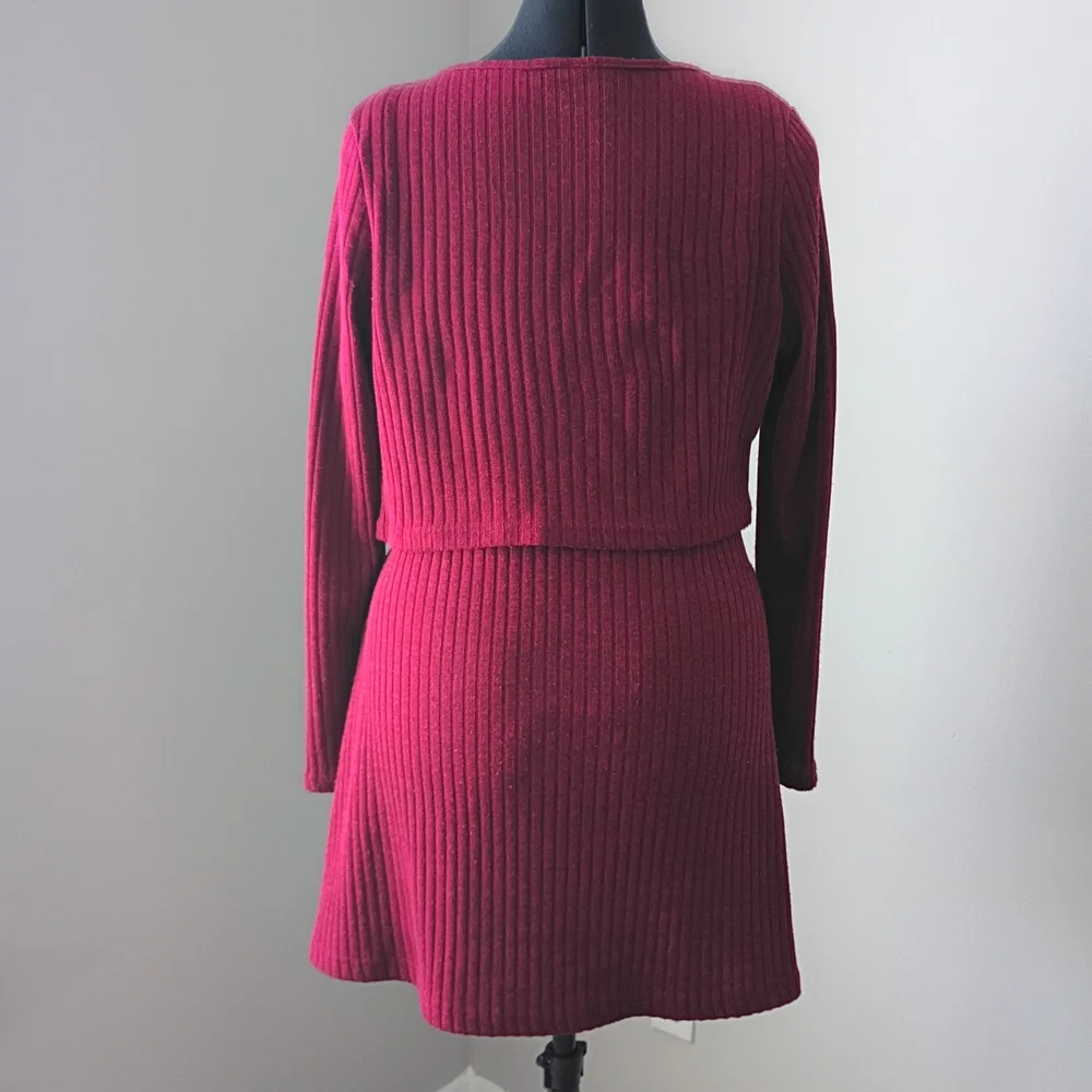 SHEIN Burgundy Ribbed Knit Mini Dress with Cropped Cardigan - Picture 3 of 9